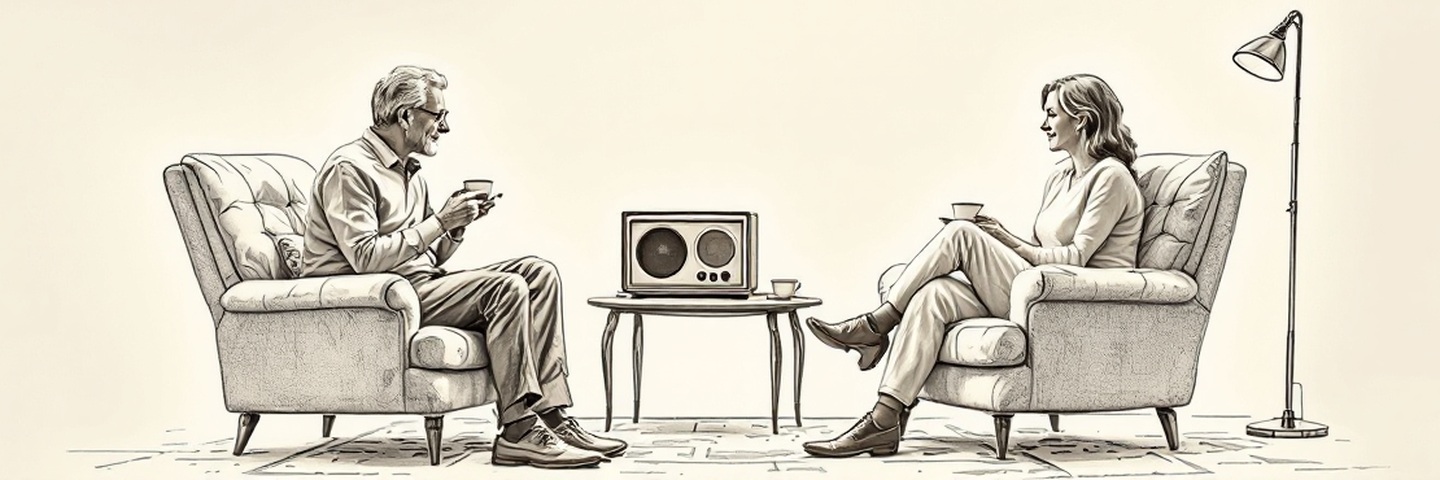 Pencil drawing: a couple sits with espresso cups in two armchairs, listening to an old valve radio