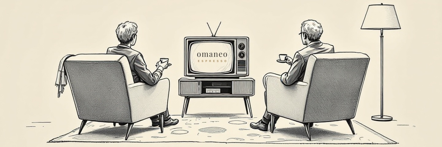 Pencil drawing: a couple sits with espresso cups in two armchairs in front of an old television set